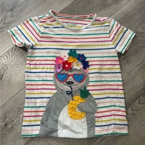 Mini Boden White Striped Tee with Colorful Sloth and Pineapple Applique